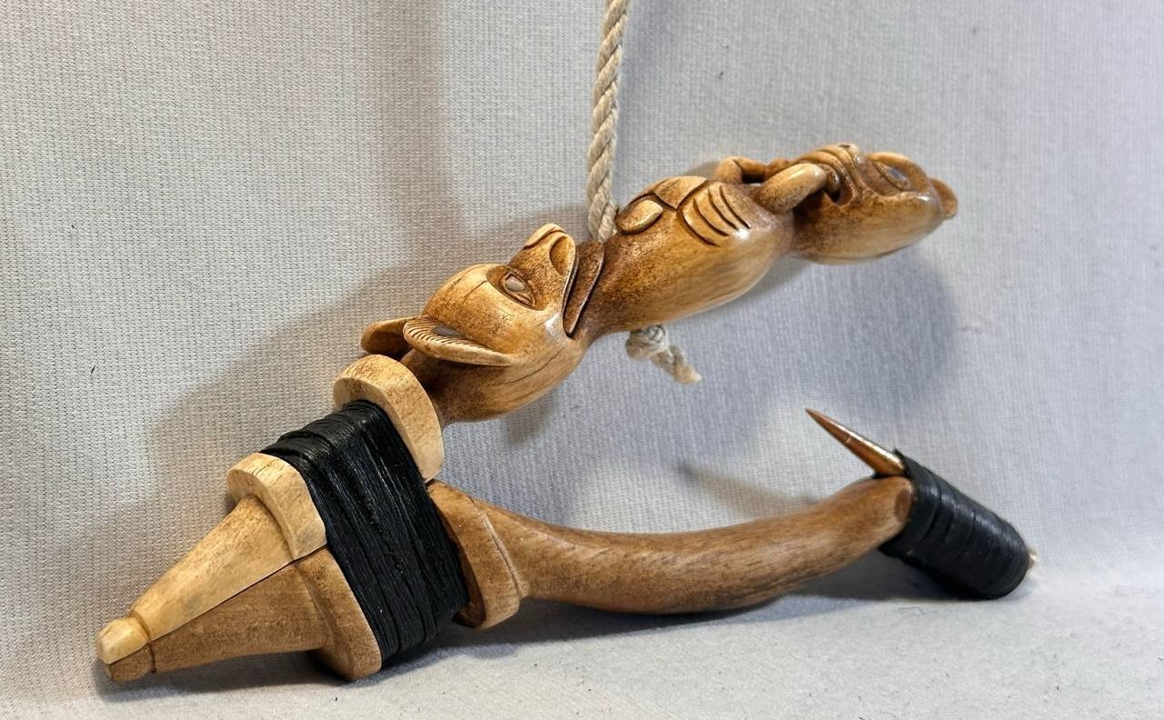 Wolf and Beaver Totem Halibut Hook, Shell Inlay, Northwest Coast Design