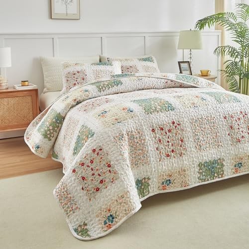 Patchwork Quilt Set Queen Full Size 88x88 3 PC Queen 90x90 Patchwork Green