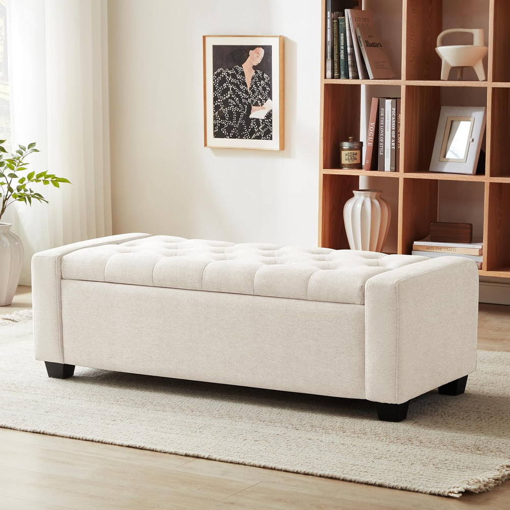 48" Ottoman with Storage, Storage Ottoman Bench with Safety Hinge, Upholstered E