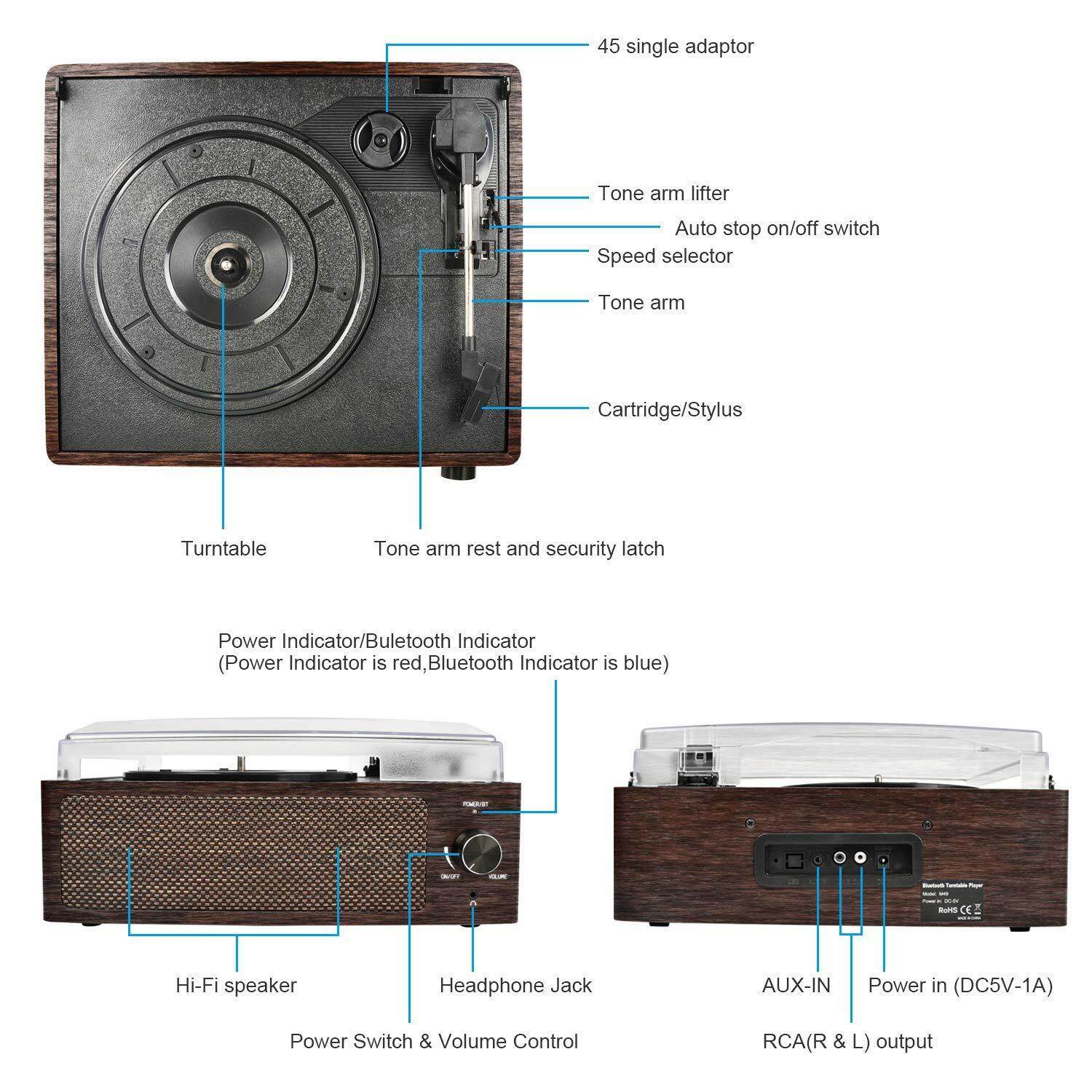Bluetooth Vintage Vinyl Record Player Belt-Driven 3-Speed Turntable Aux Input