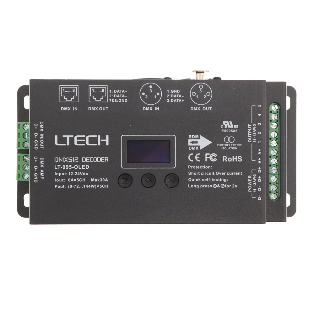 LTECH LT-995-OLED LED DMX512 DECODER, 5-CHANNEL, OLED DISPLAY, 12-24VDC, 30A