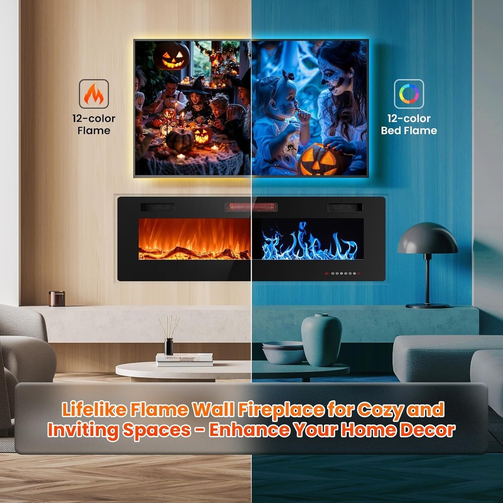 50 Inch Electric Fireplace Inserts, in-Wall Recessed & Wall Mounted,Remote&Timer