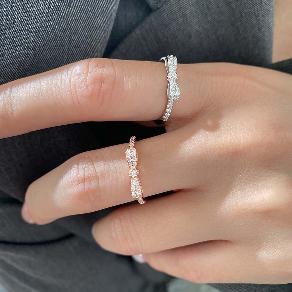 Sparkling Bow Ring in Sterling Silver Adjustable Open Stacking Knot Ring Gift