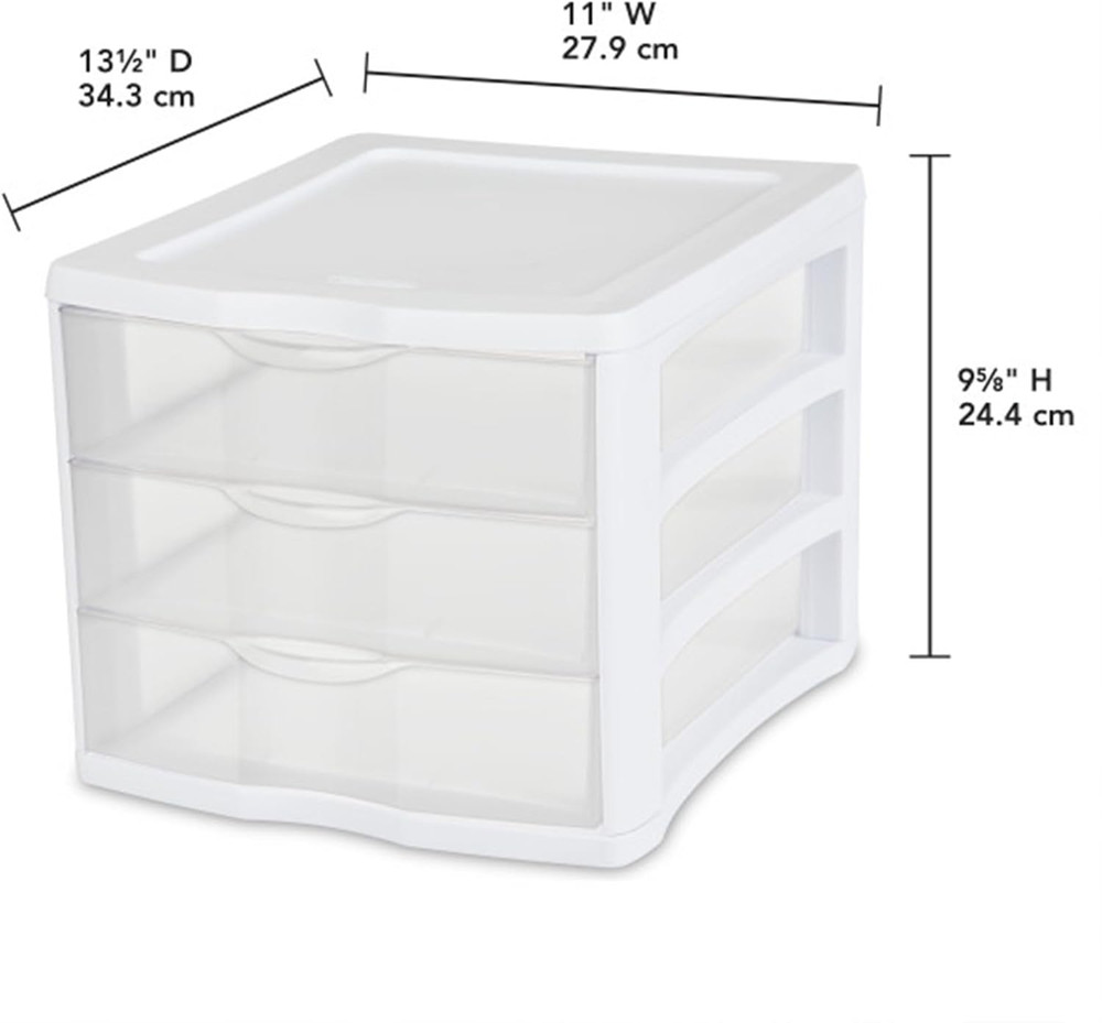 4-Pack 3 Drawer Unit, Stackable Plastic Organizer with Drawers, White Frame - Mu
