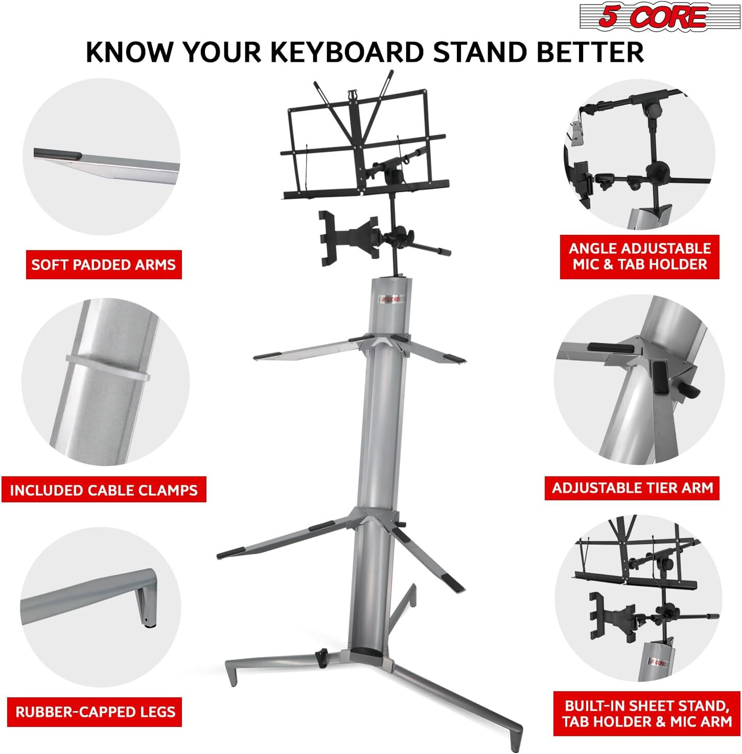 5Core 2-Tier Aluminum Column Keyboard Stand w/Bag, Mic Boom Arm & Sheet Stand