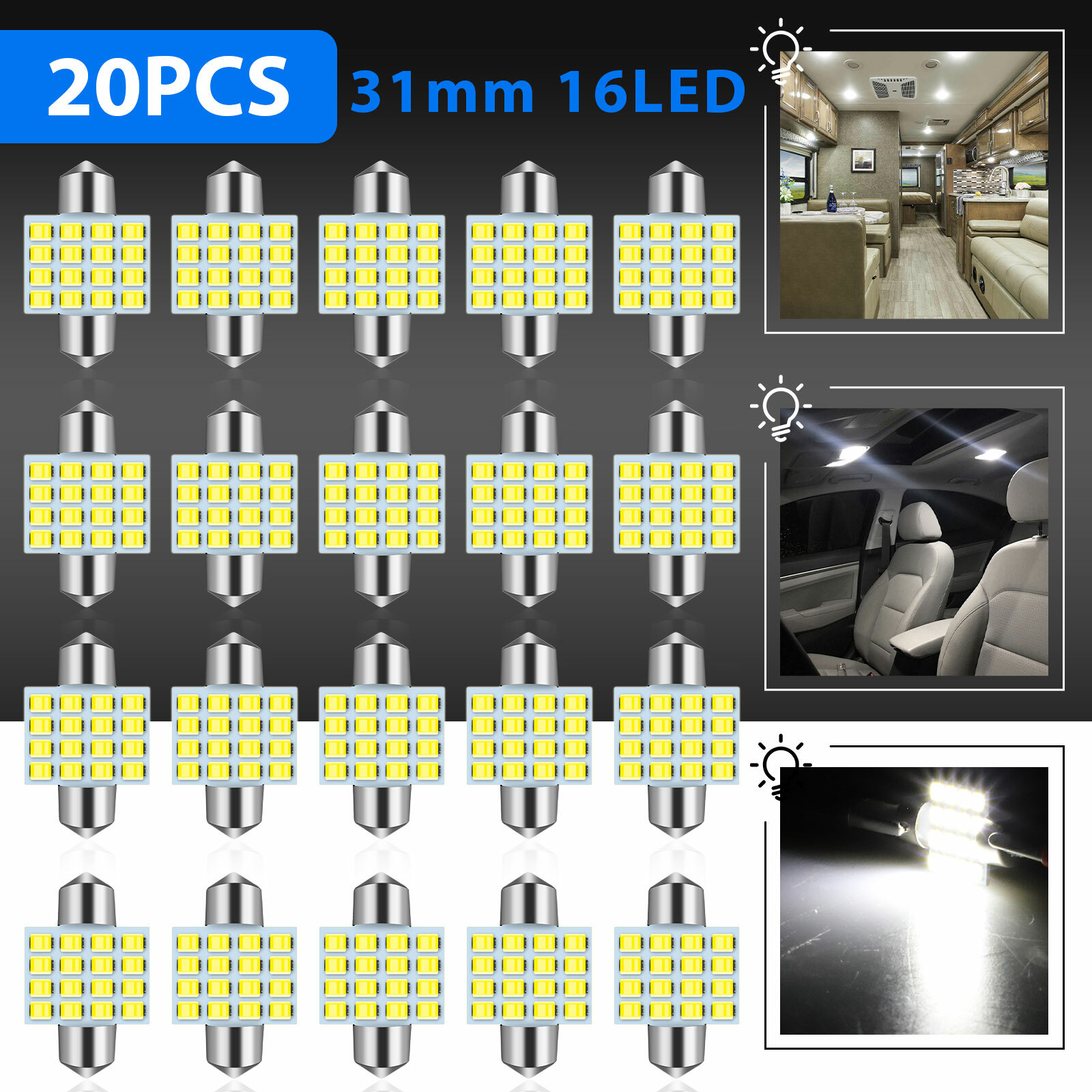 20Pcs 31MM Festoon DE3175 LED Map/Dome Interior Light Bulbs 6000K White CANBUS