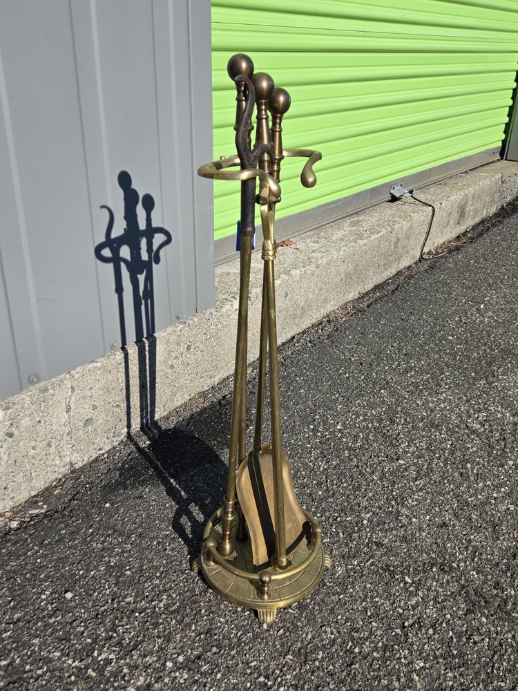 Vintage Solid Brass Fireplace 3 Tools with Stand Set 4x PIECE Round Claw Footed