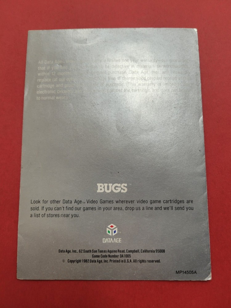 Original 1982 Data Age Bugs video game manual instructions