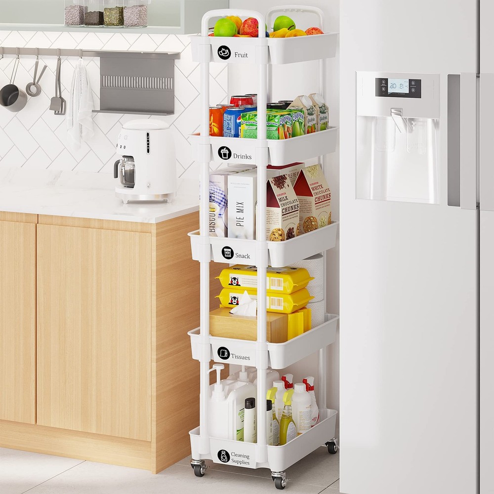 5-Tier Rolling Cart with Wheels,Multifunction Utility Storage Carts, Kitchen ...