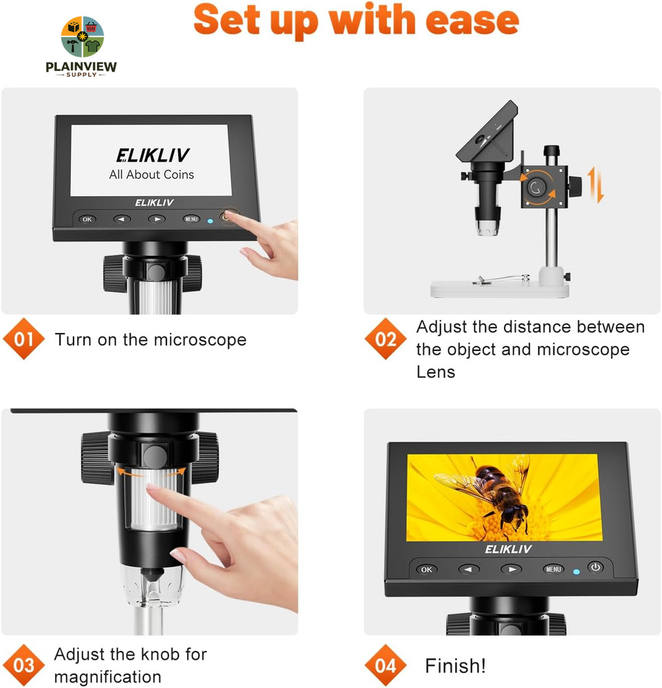 Microscope, LCD Digital Coin Microscope 1000X, Coin Magnifier with 8 Adjustable