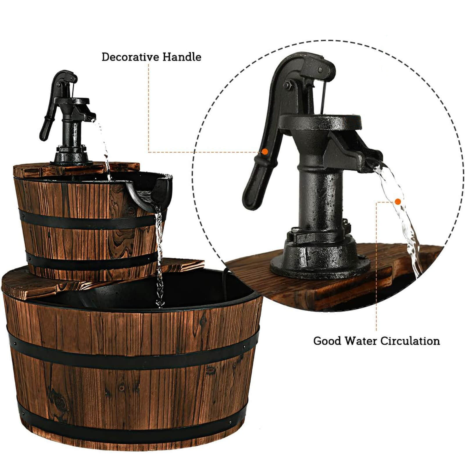 2 Tier Barrel Waterfall Fountain Barrel Wooden Water Fountain Pump Garden Patio