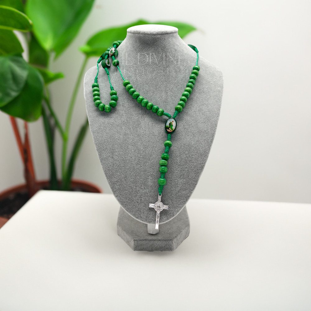 Green St Jude Wooden Rosary with St. Benedict Crucifix