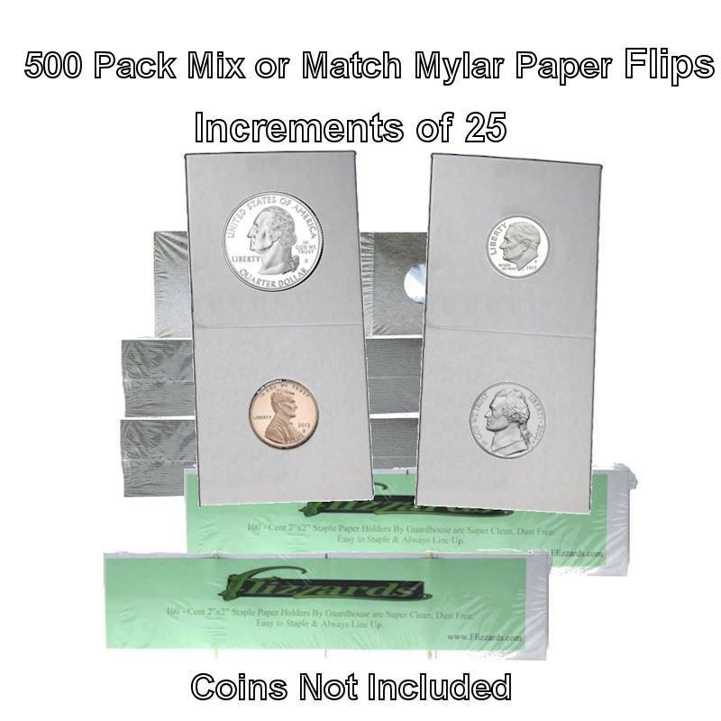 500 Assorted Cardboard/Mylar 2x2 Coin Holder Flips by Guardhouse