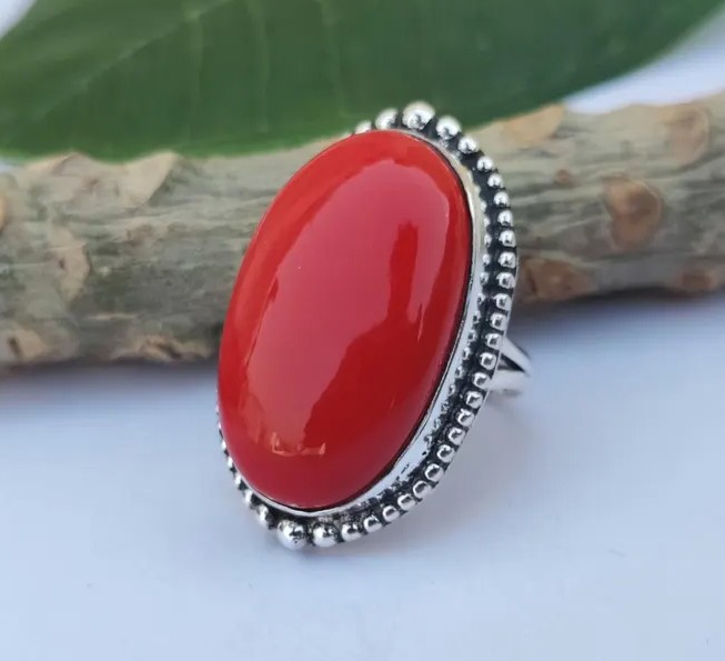 Solid 925 Sterling Silver Red Coral Large Oval Gemstone Statement Handmade Ring