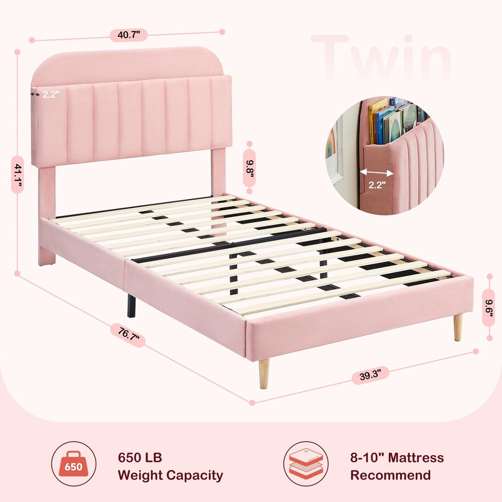 Twin Bed Frames, Upholstered Platform Bed Frame with Bookcase Headboard, Velv...