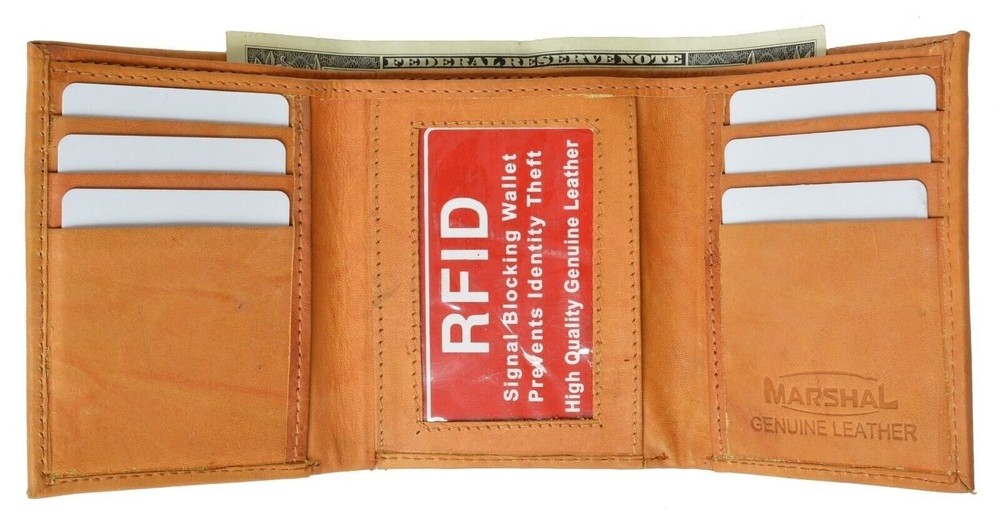 Mens Trifold Leather Wallet RFID Blocking Tan New Marshal!