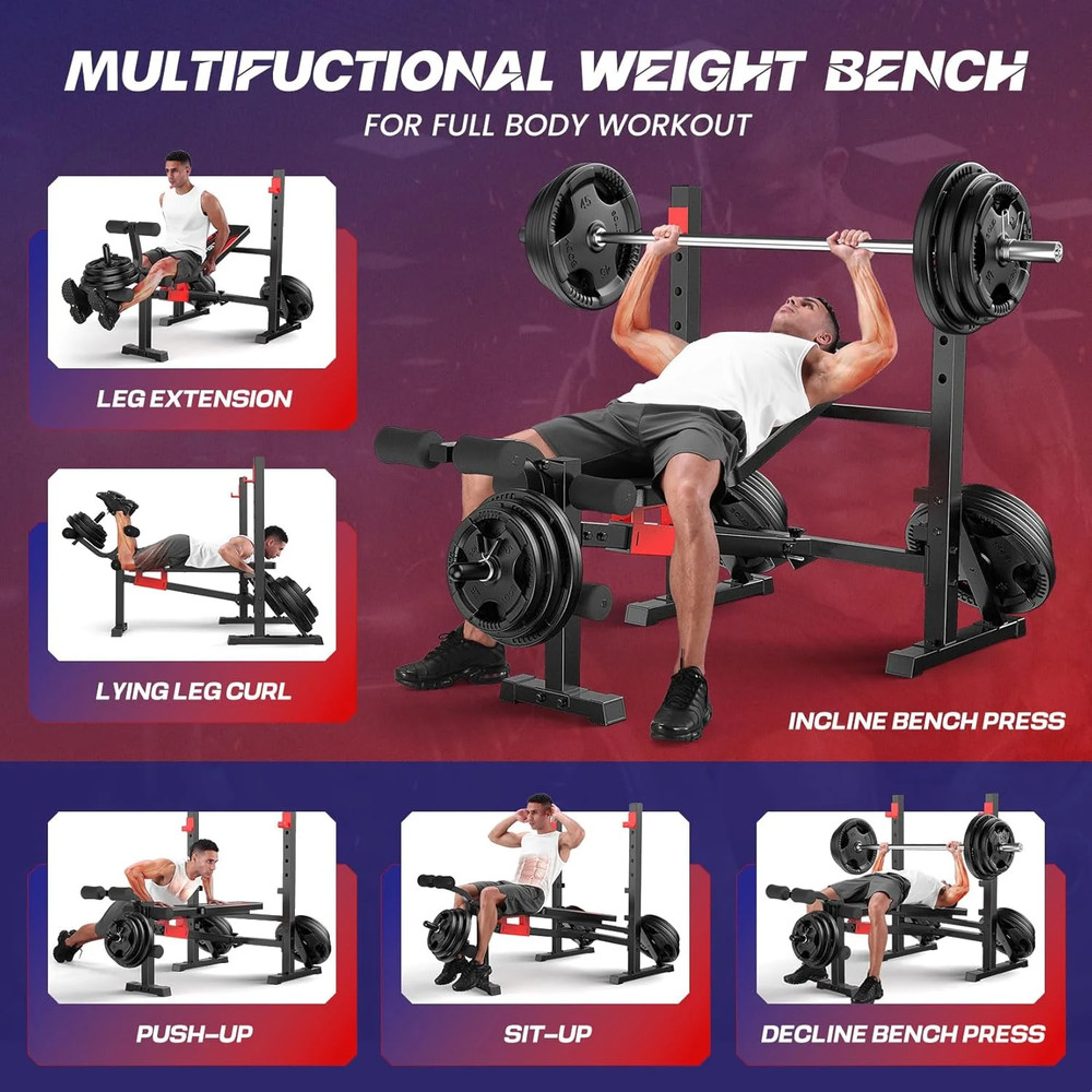 900LBS Weight Bench Set Multi-Purpose Foldable Workout Bench with Squat Rack New
