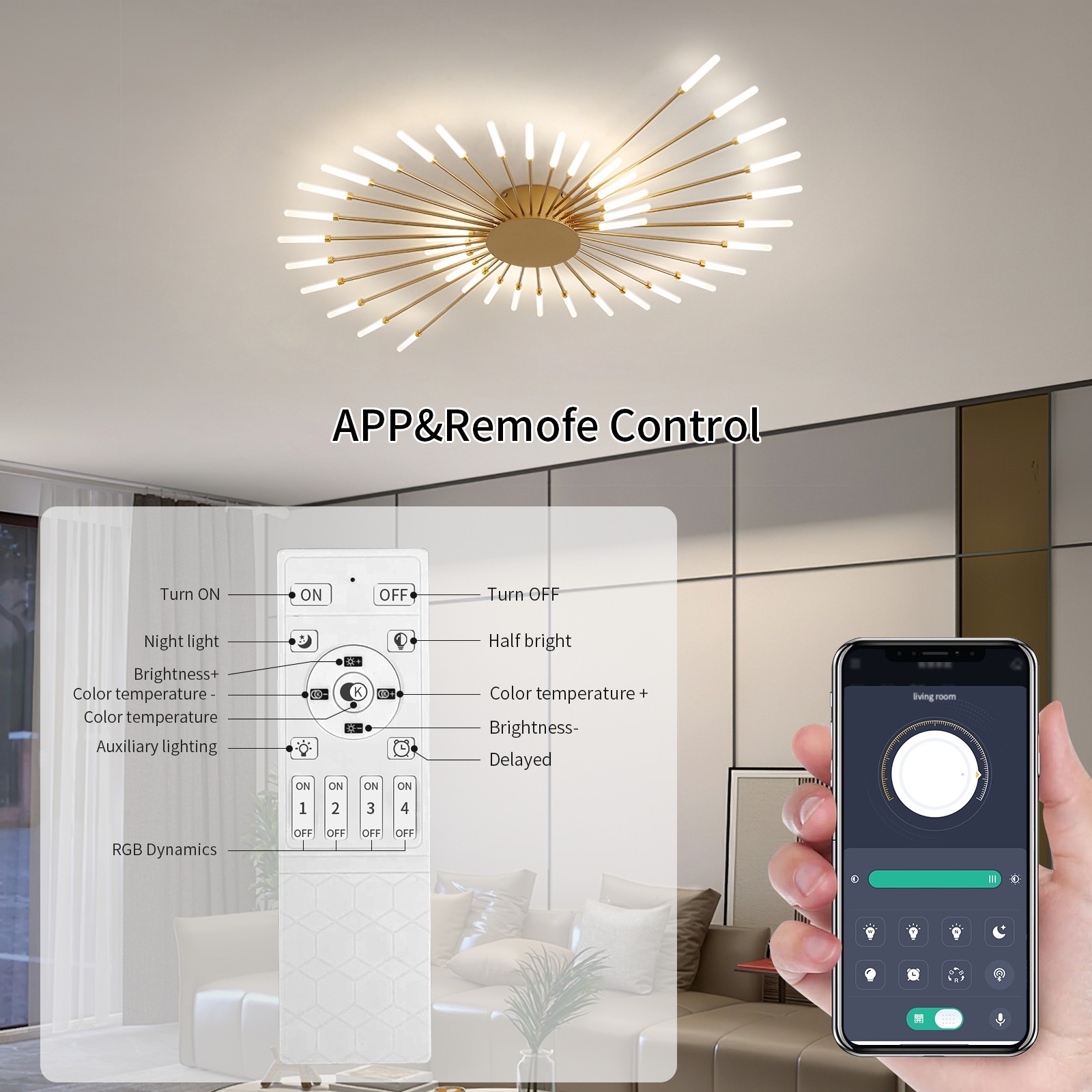 42-Light Fireworks Ceiling Light Modern LED Flush Mount Dimmable APP Remote-Gold