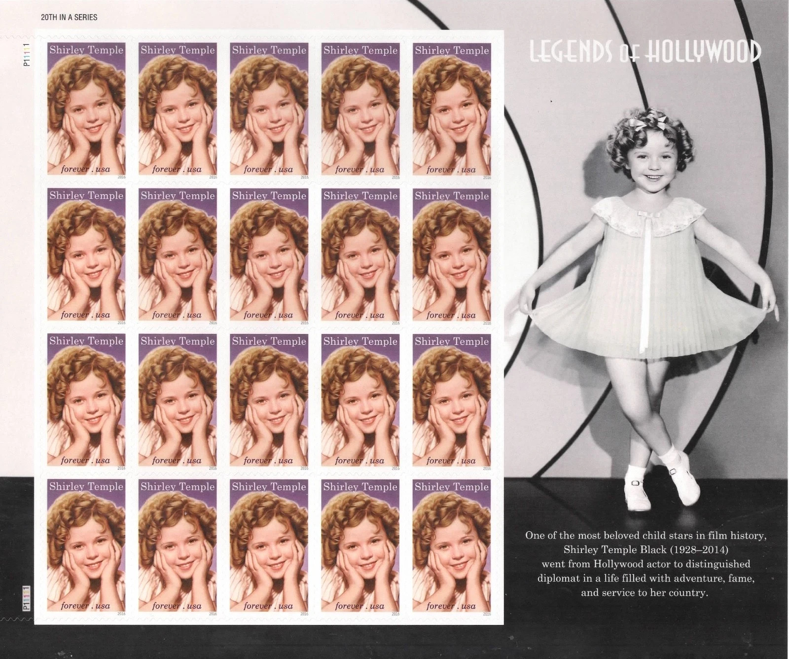 US 2016 #5060 Forever Shirley Temple, Legends of Hollywood sheet of 20, MNH