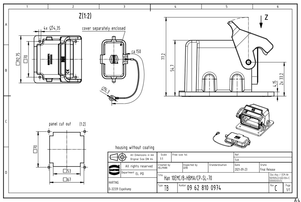 1pc rectangular connection aviation socket, shielding housing 19628061540