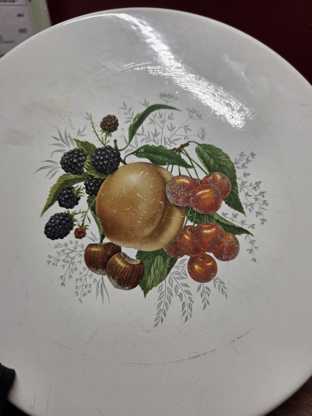 2- vintage enamel stove top burner Covers 10" Fruits Pear Peach