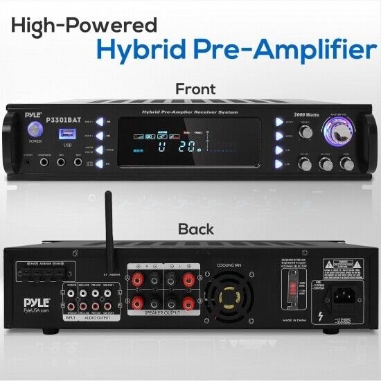 Pyle Hybrid Amplifier Receiver, 3000W / AUX,USB,RCA Inputs - Black P3301BAT
