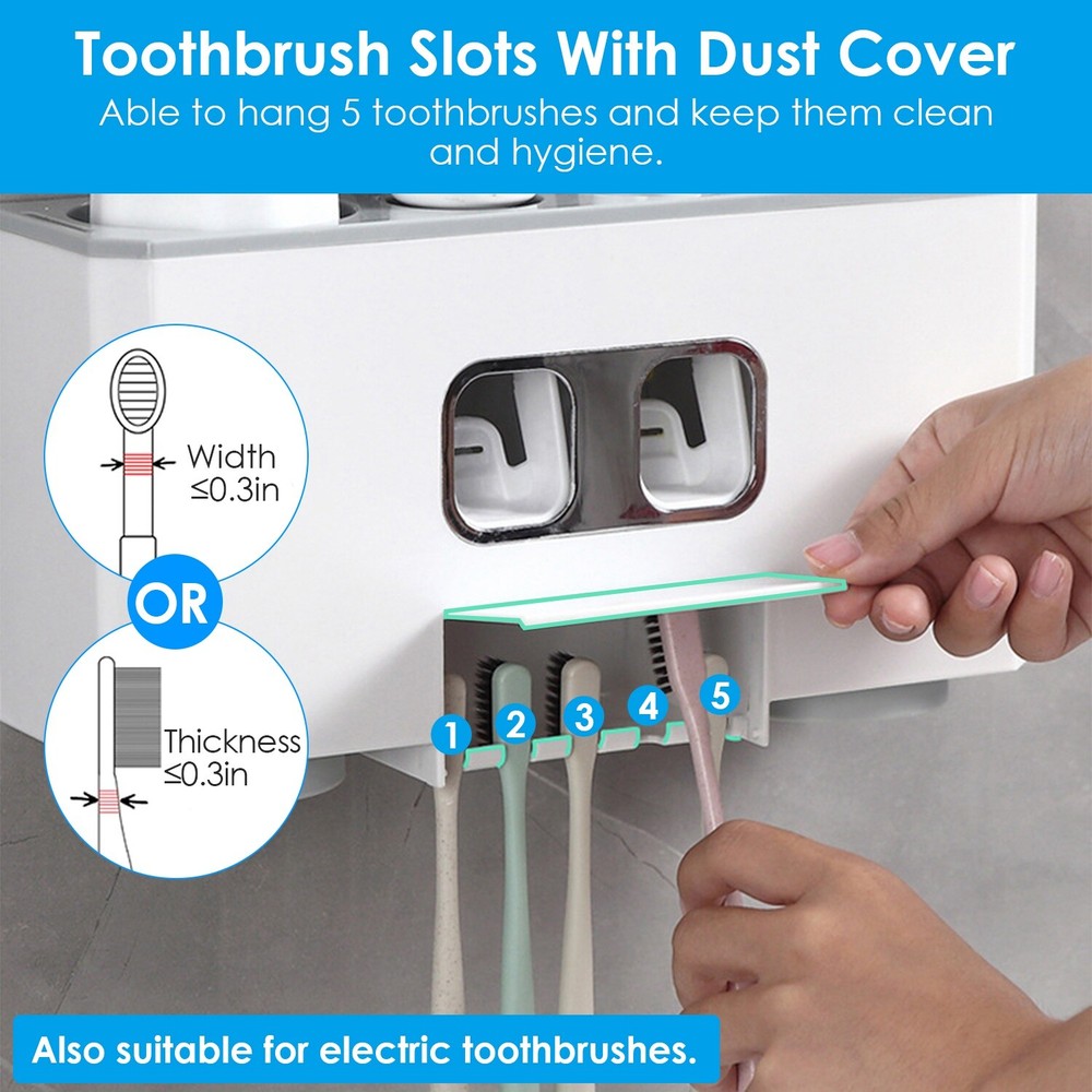 Toothbrush Holder Automatic Toothpaste Dispenser with 5 Toothbrush Slots 2 Cups