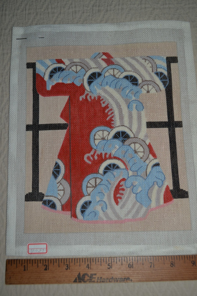 HP needlepoint canvas, 9.75" x 12", Japanese kimono pattern, started