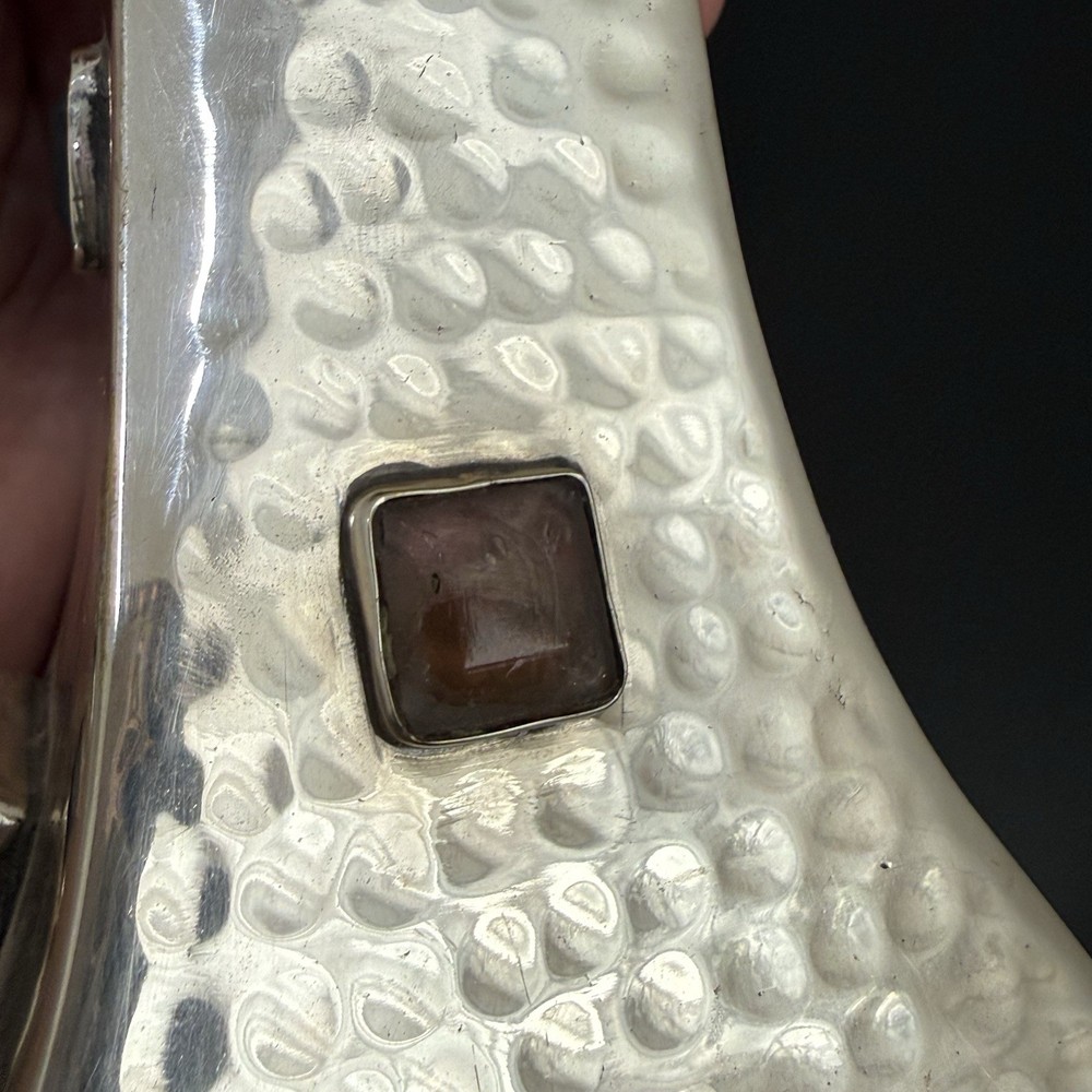 Vintage Hammered Silver Plated Bejeweled Cabochon Decorative 8” Candle Holder