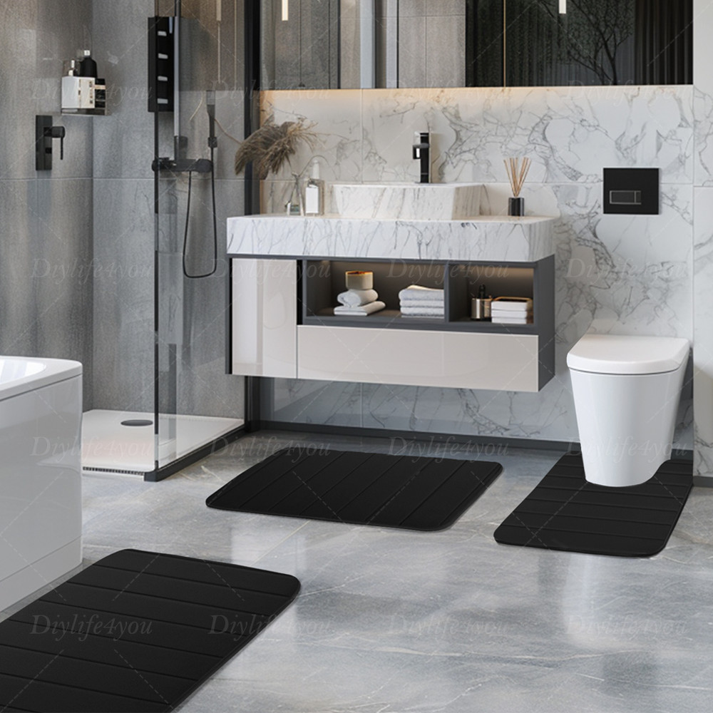 3PCS MEMORY FOAM BATH MAT PEDESTAL SET NON SLIP TOILET BATHROOM CONTOUR RUGS