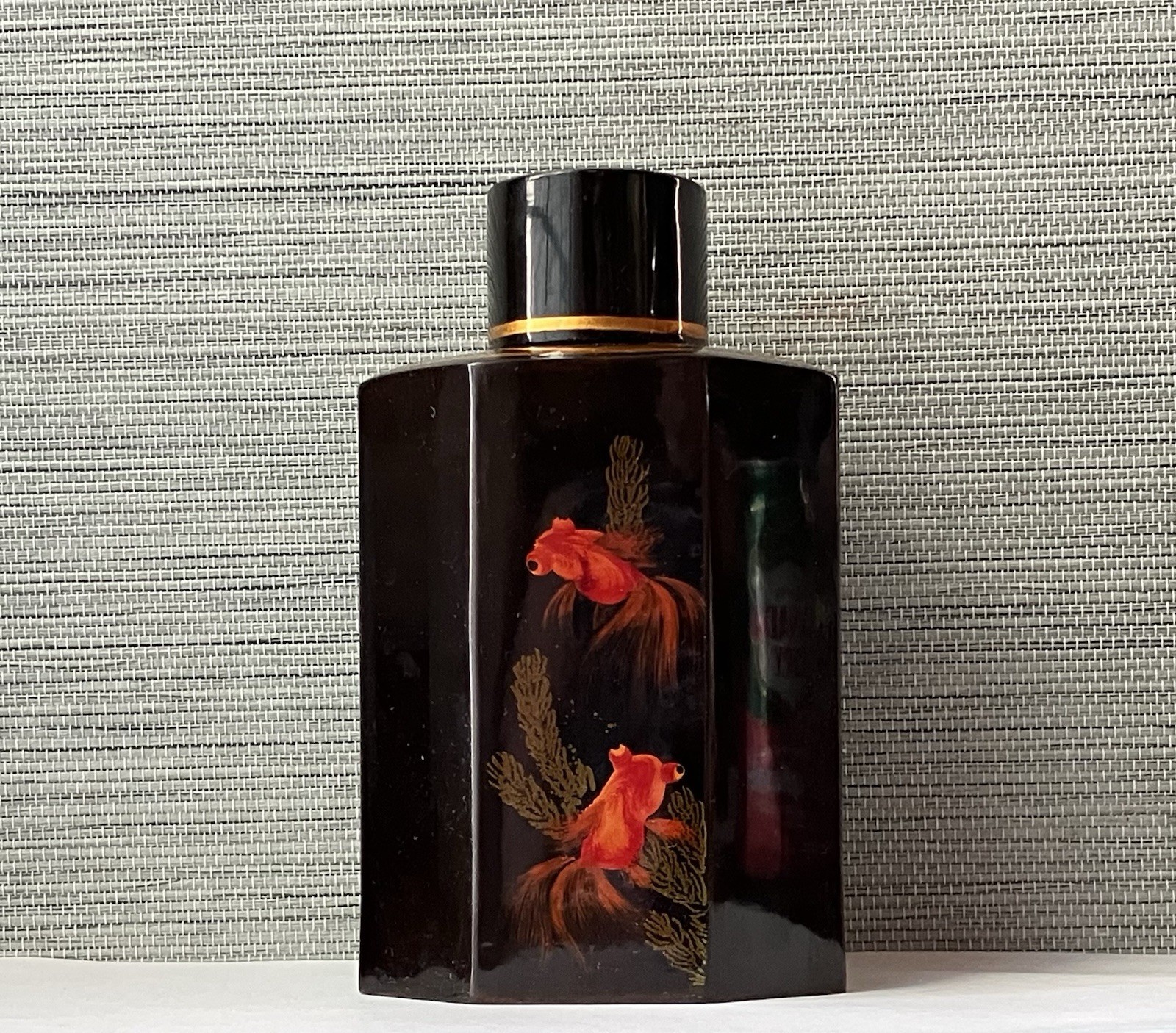 Vintage Vietnamese Lacquer Tea Caddy with Hand‑Painted Goldfish Design, 6" T