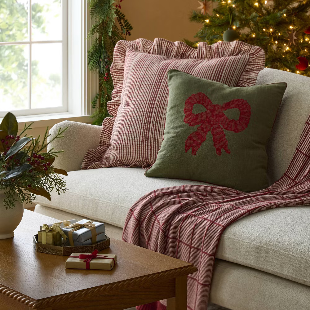 24"x24" Uneven Plaid with Ruffle Pillow Burgundy/Cream - Threshold designed