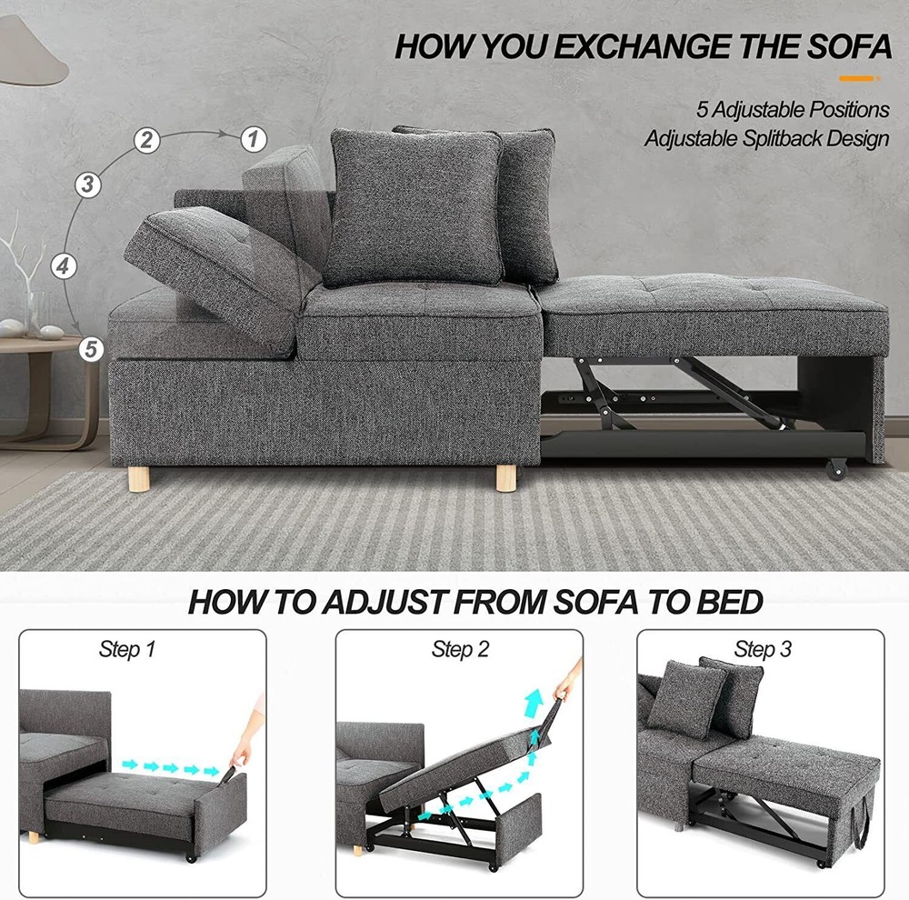 Folding Ottoman Sofa Bed Chair 4-in-1 Sleeper Sofa w/Adjustable Backrest+Pillows