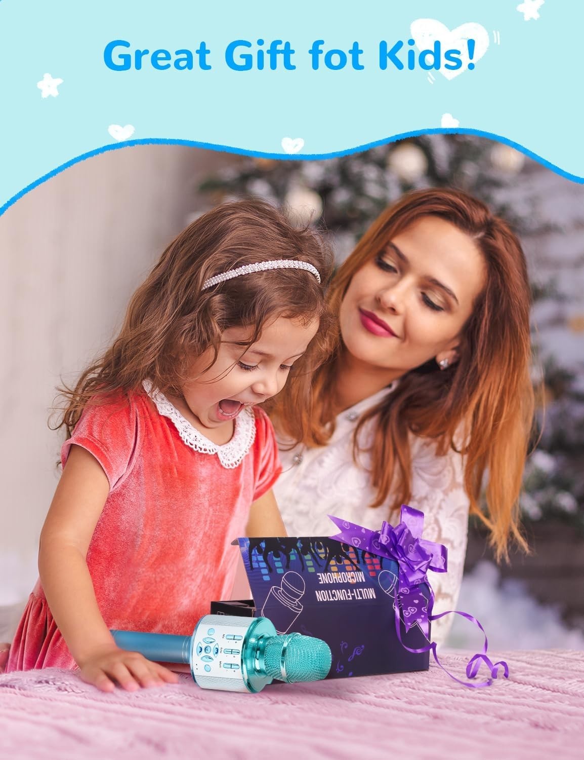 Wireless Bluetooth Karaoke Microphone for Kids, 5-in-1 Portable Handheld Blue