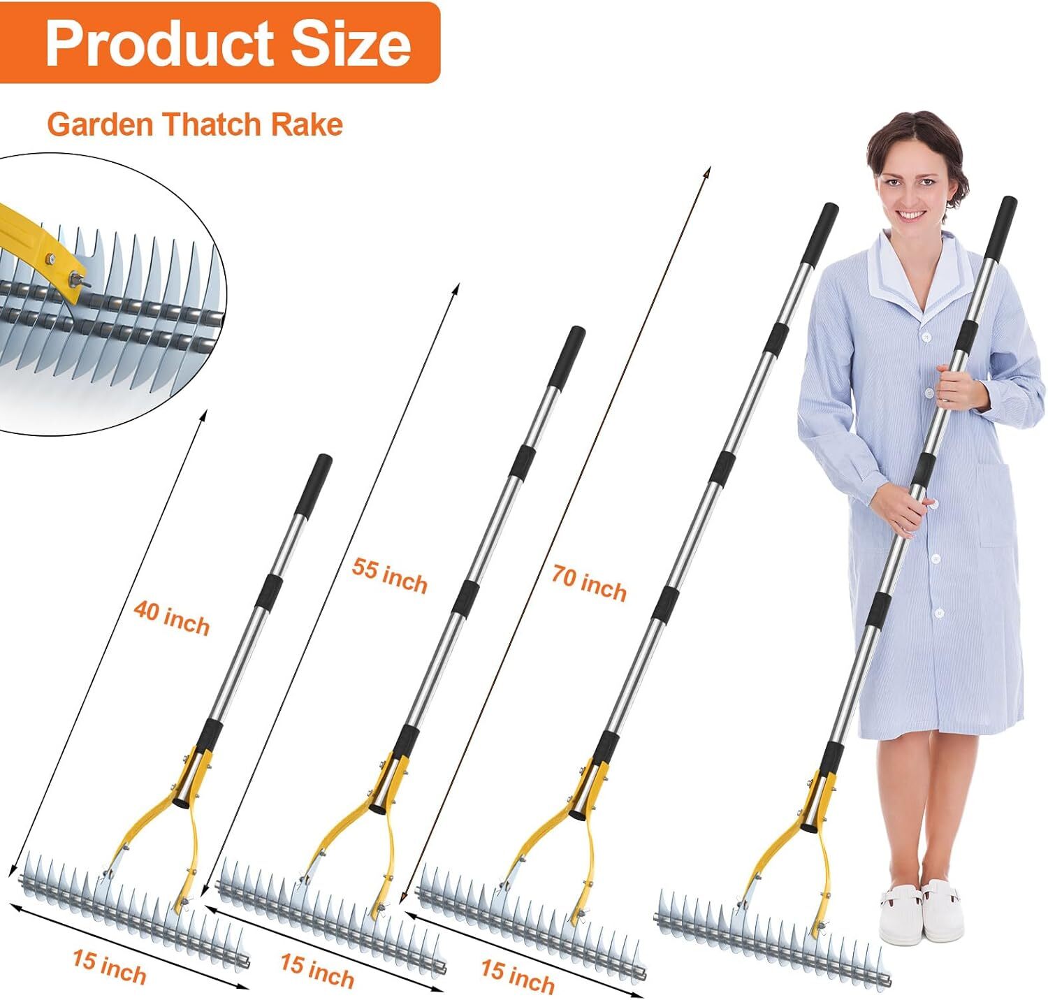 TOOVEM Thatch Rake Lawn Dethatcher Rake for Lawn Double-Sided Thatching Rake