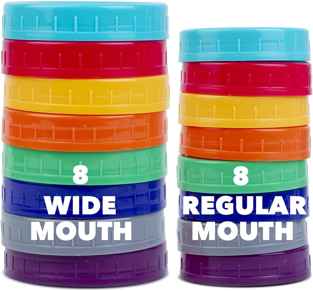 Sensible Needs 16 Pack Colored Plastic Storage Lids Mason Jar 8 Regular &Wide