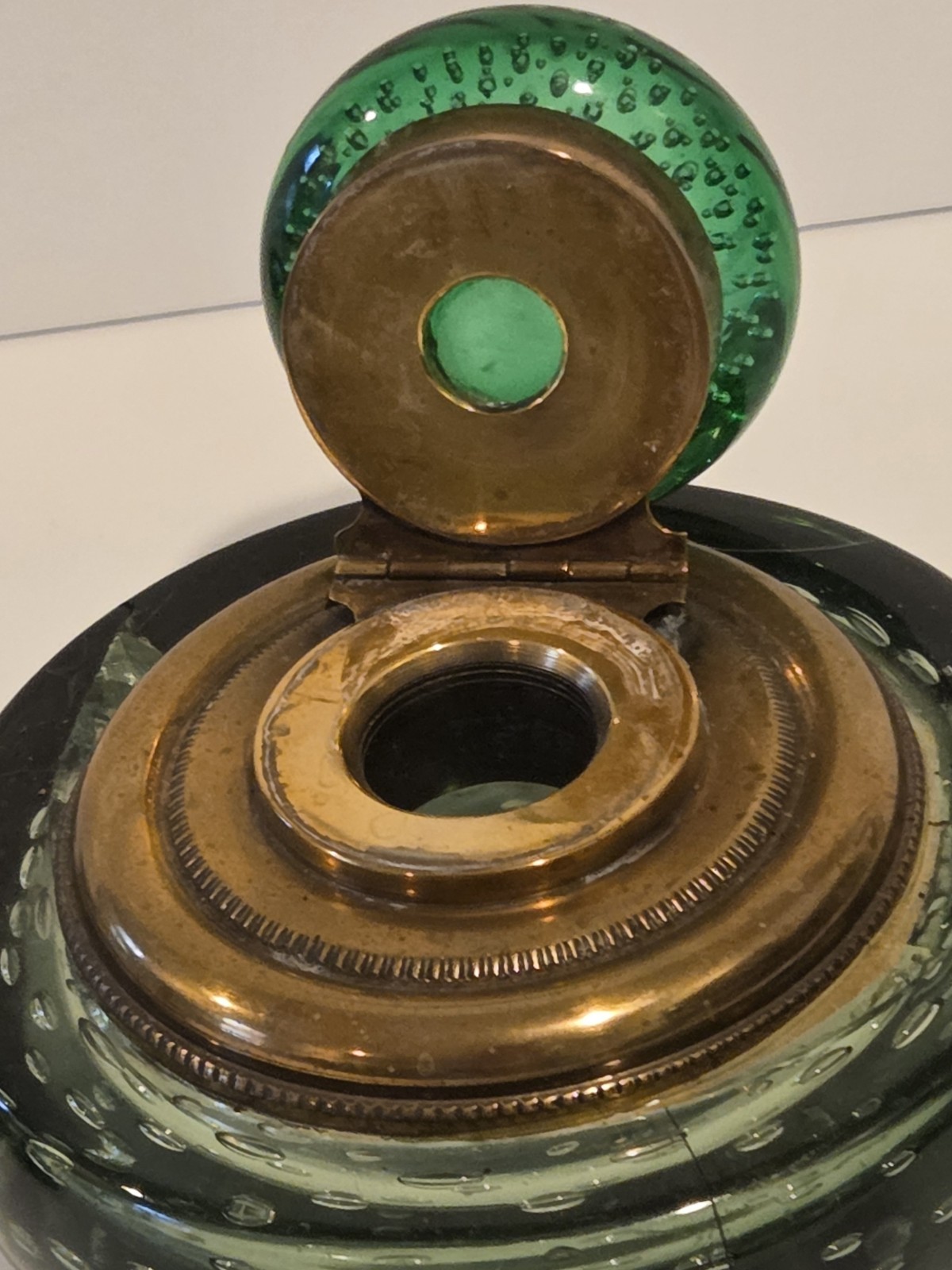 Glass Ink Well hand Blown Controlled Bubbles Brass Antique Green