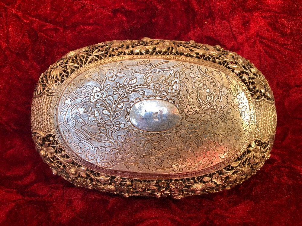 Antique Chinese Sterling Silver Open Work Hinged Signed Box