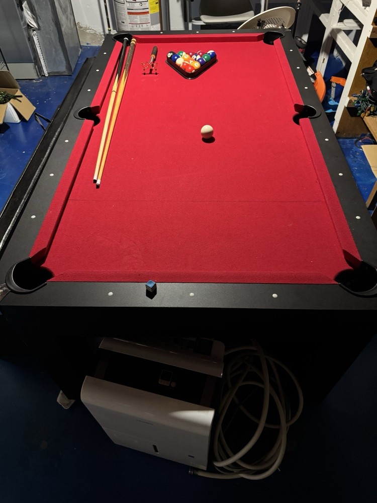 Red Felt Billiard Table with Storage Compartments and Accessories