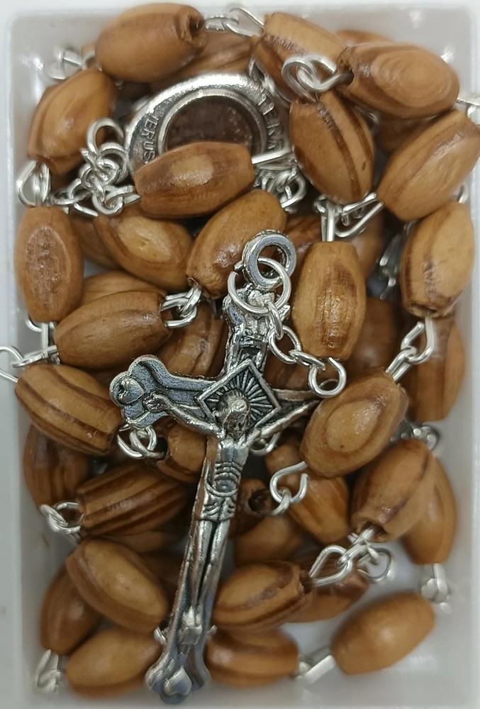 Authentic Jerusalem Rosary: Olive Wood Beads & Soil Medal Gift with Certificate