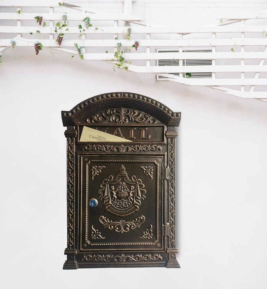 Vintage Cast Iron Locking Mailbox - Decorative Wall-Mounted Metal Mailbox