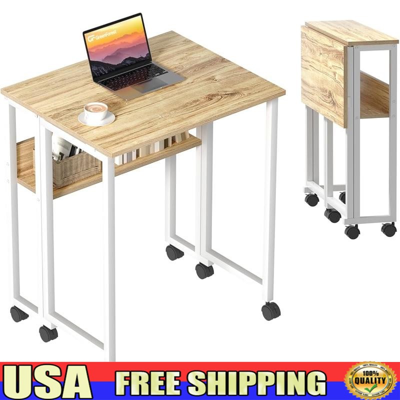 Folding Rolling Desk W/ Storage Shelf Portable Compact Computer Desk Small Space