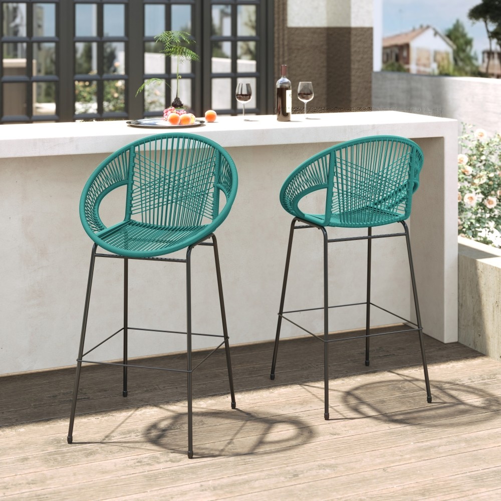 2 Teal & Black Patio Bar Stool Set, Faux Rattan Wicker, UV Resistant