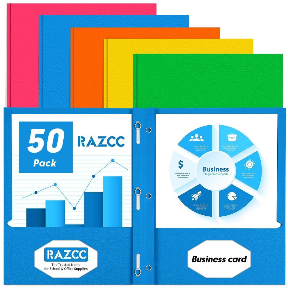 Two Pocket Folders, RAZCC 50 Pack 50 Pack, Assorted 5 Light Colors