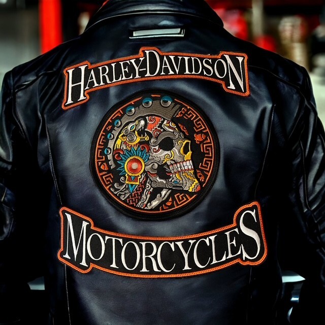 Harley Davidson Rocker Patch Set with Aztec Skull Center
