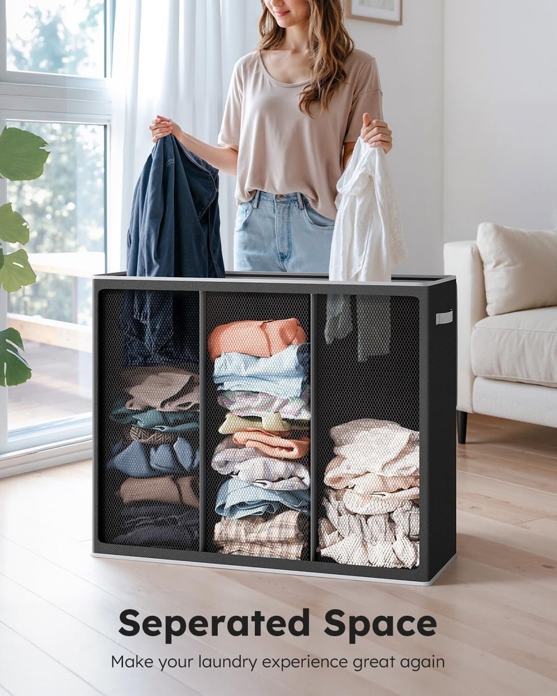 Extra Large 3-Section Laundry Hamper, 180L with Lid - Modern Storage Solution