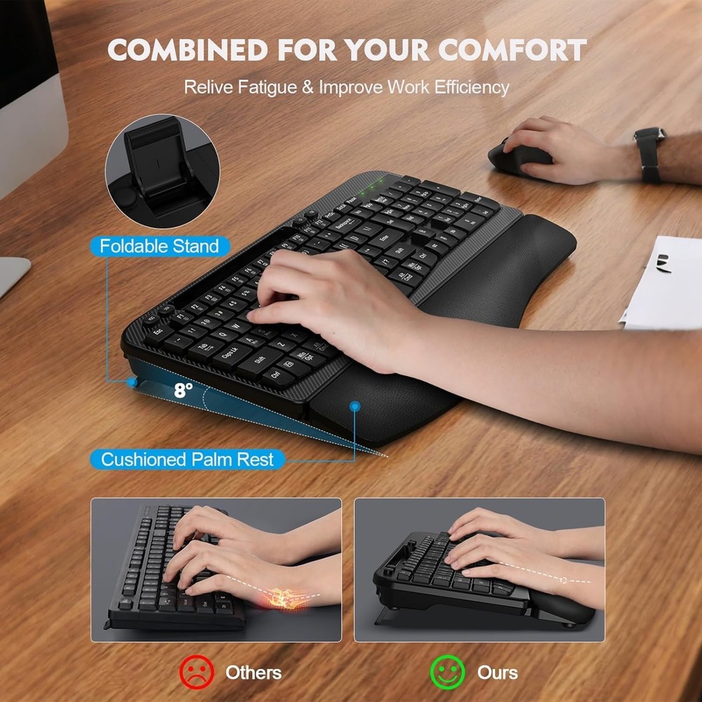 Ergonomic Wireless Keyboard Mouse Combo Wave Keys Wrist Rest USB-C PC Mac
