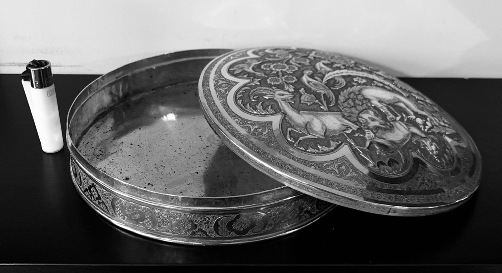 Antique hand engraved persian islamic arabic solid silver round box 945 g