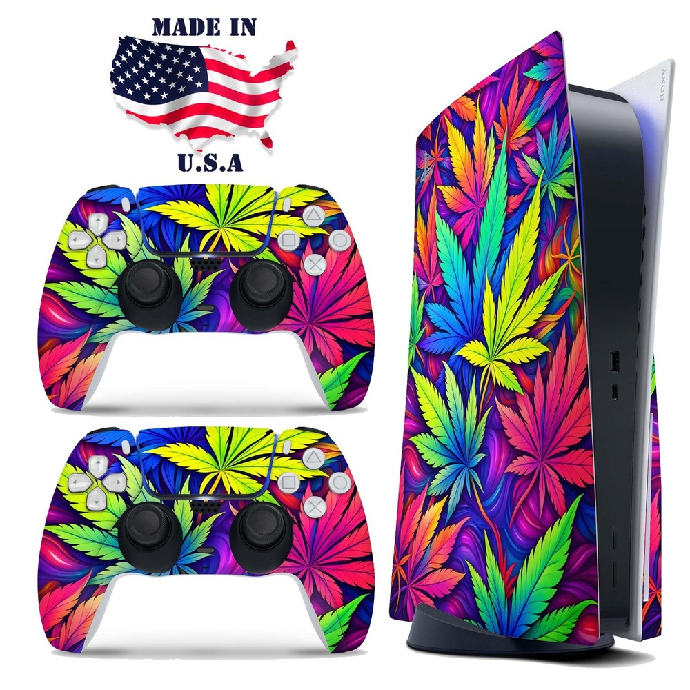 Psychedelic Cannabis Leaf PS5 Console & Controller Vinyl Skin Wrap Decal Set