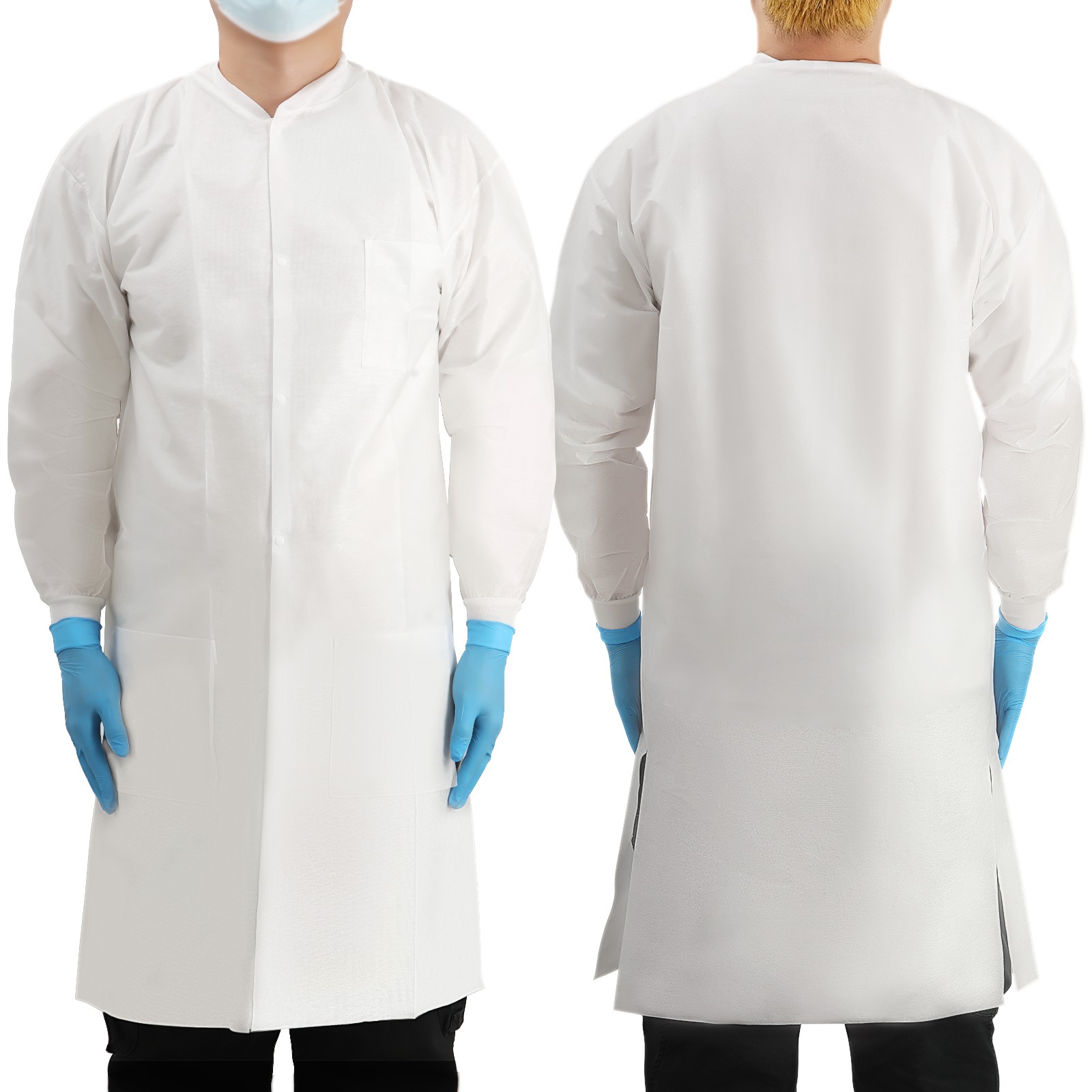 JMU Disposable Lab Jackets Unisex Knee Length Lab Coats w/ Knit Cuffs 3 Pockets